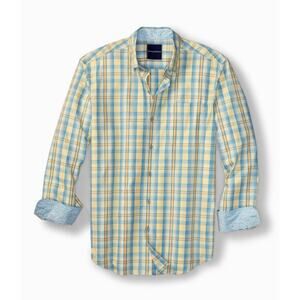 Large Tommy Bahama Shirt Mens Yellow Blue Plaid of Troy Pima Cotton Button Up